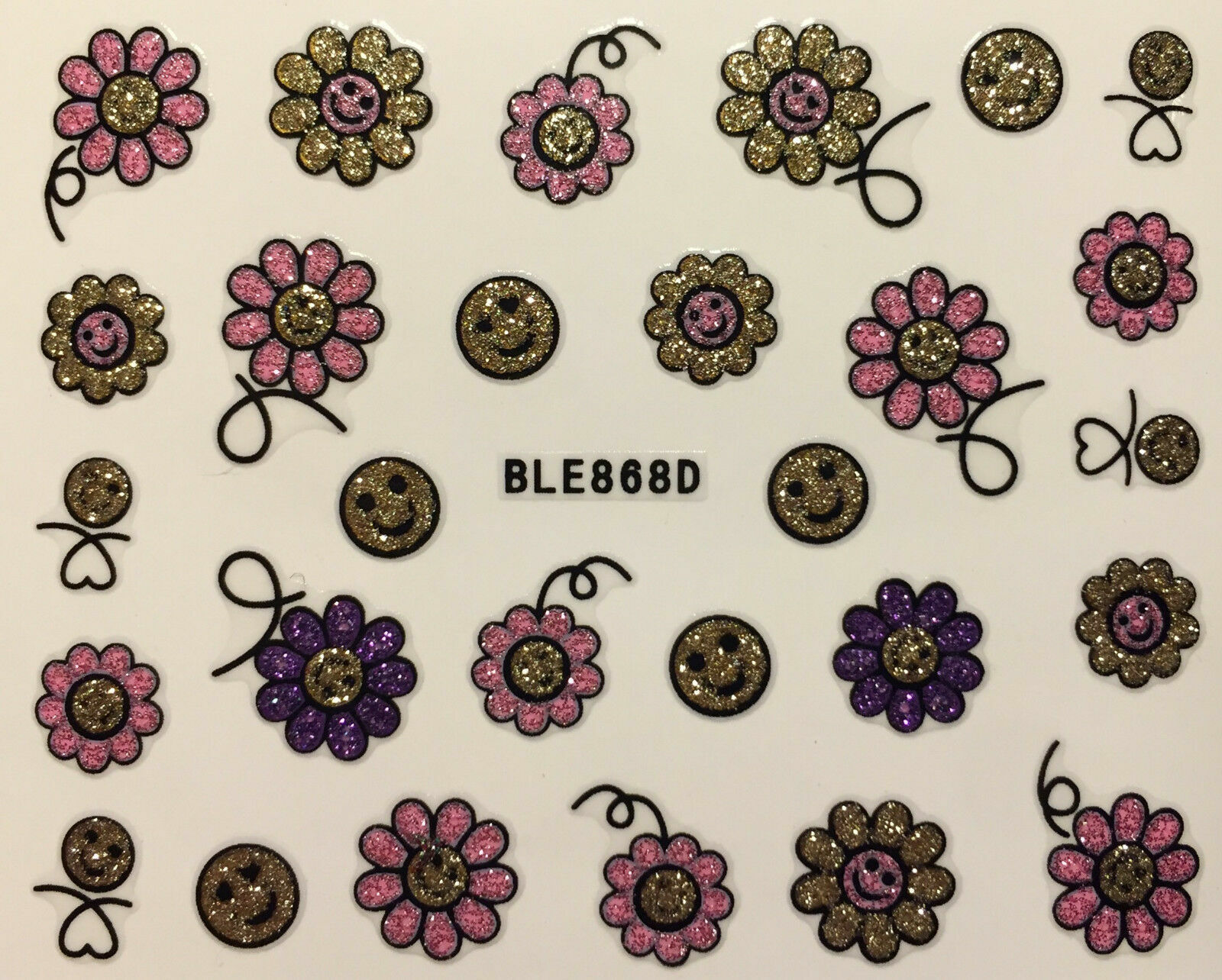 Nail Art 3D Glitter Decal Stickers Gold Pink Flower Smiley Faces BLE868D