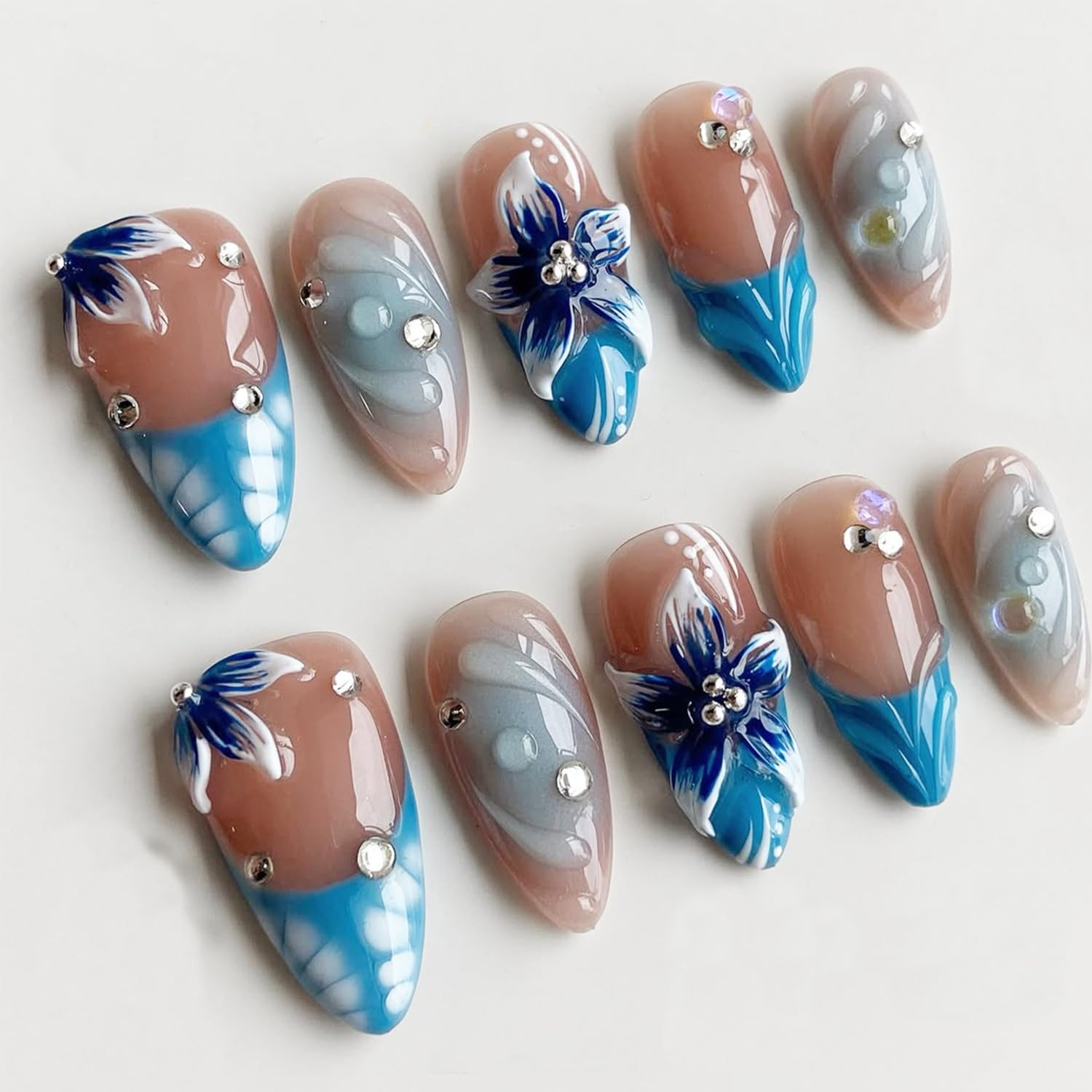 24Pcs Glitter Green Press on Nails Medium Almond Fake Nails with 3D Green Leaves