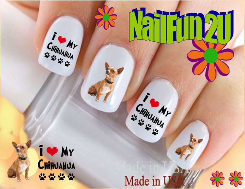 Nail Art 122A DOG BREED Love my Chihuahua Brown WaterSlide Nail Decals Transfers