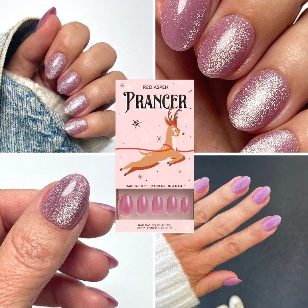 Red Aspen Press On Nails- Santa’s Squad: Prancer-Short-Almond -Pink -Cat Eye