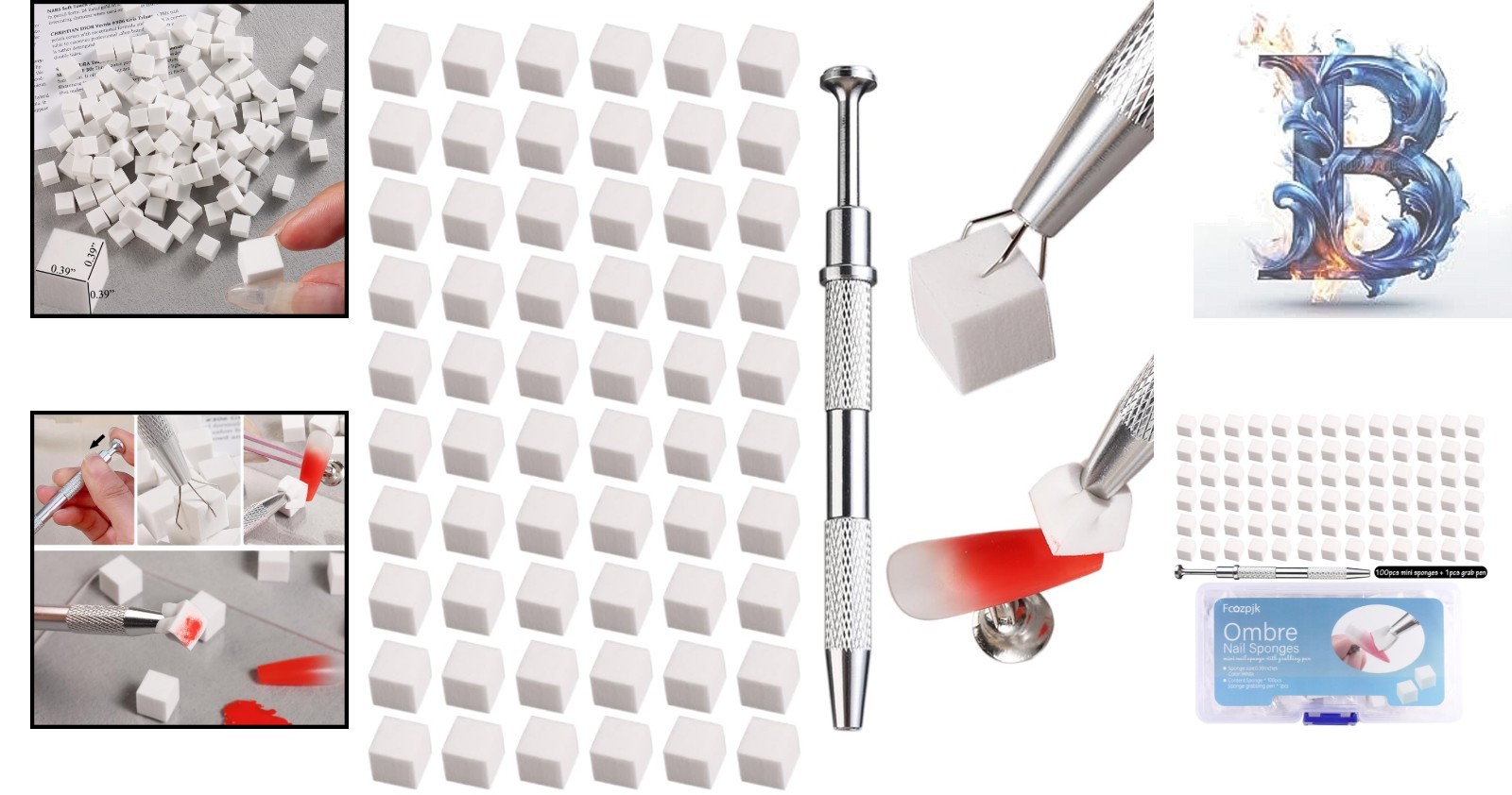 Ombre Nail Art Sponges (100 pcs) with Grabbing Pen for Clean Application