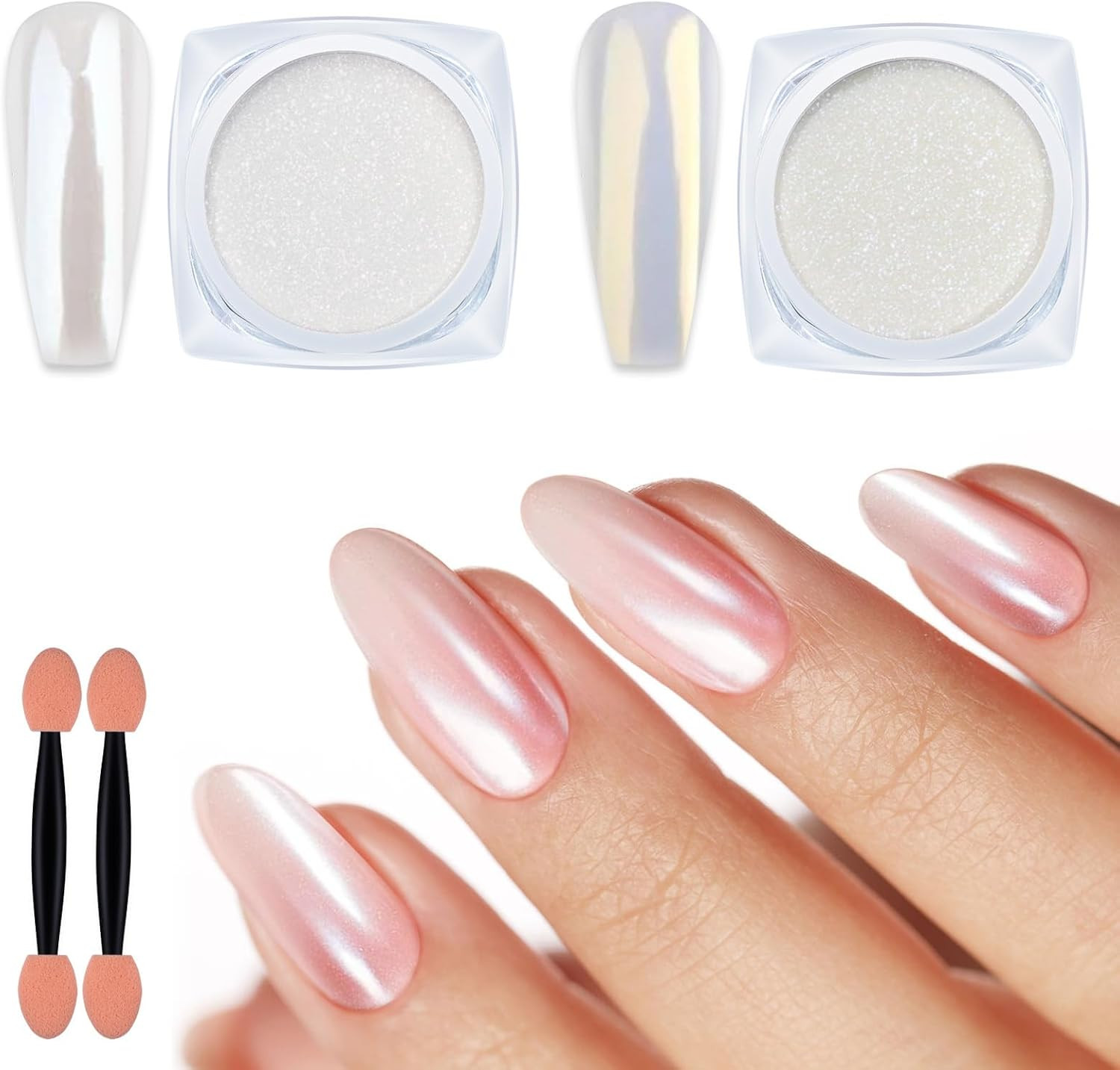 Artdone 2 Jars Chrome Nail Powder White and Gold Pearl,Iridescent Aurora Powder