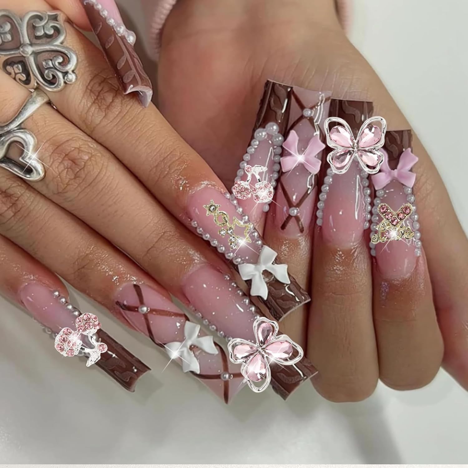 Dazzling 40PCS Rhinestone Nail Charms in Y2K Pink Gold – Perfect for DIY Crafts