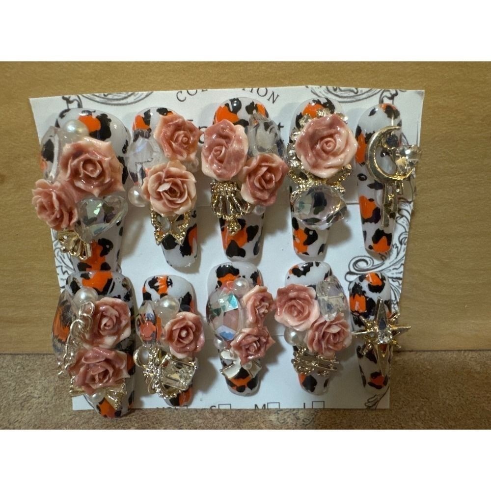 3D Press On Nails Leopard Print Pink Roses Crystals Gold Charms Coffin Long NEW