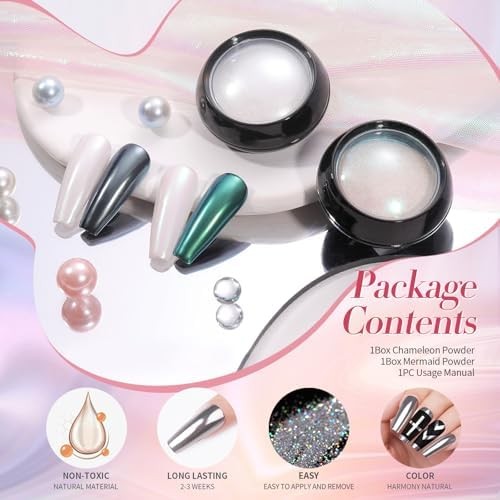 White Pearl Chrome Nail Powder And Chameleon Aurora Nail Powder | Pigment Mermai
