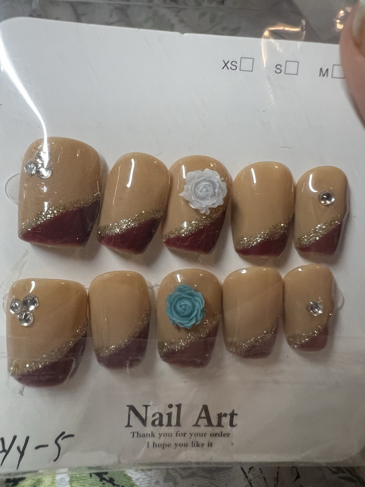 Press-On Nails Short Square Beige Burgundy Gold Glitter 3D Flower Nail Art
