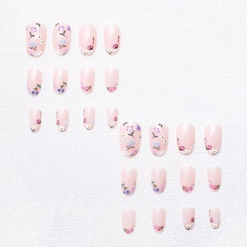 Colorful Flowers Press on Nails Short Almond Shaped Fake Nails Designs Style 8