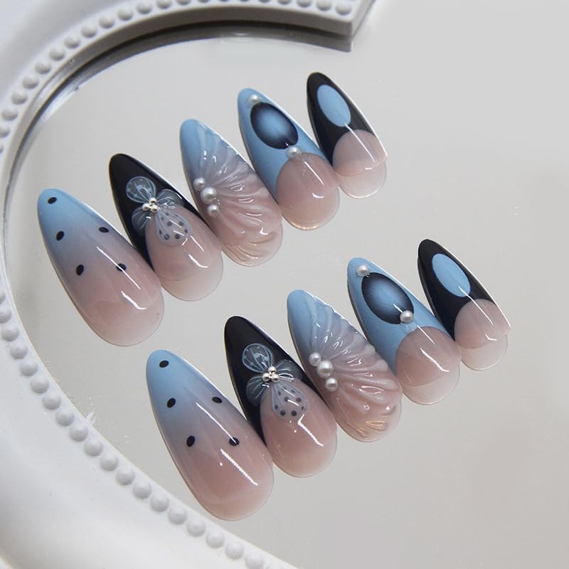 24Pcs Summer Ocean Shells Press on Nails Medium Almond Fake Nails Pink Blue O…