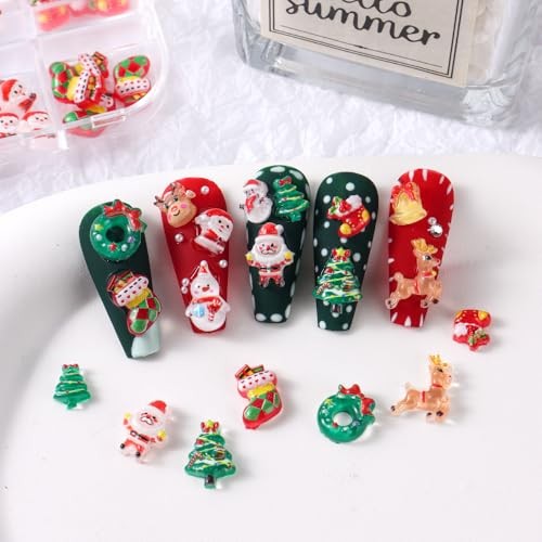 ONPRESS 12Girds/50pcs Christmas Nail Charms Colorful Mini Snowman Xmas Tree