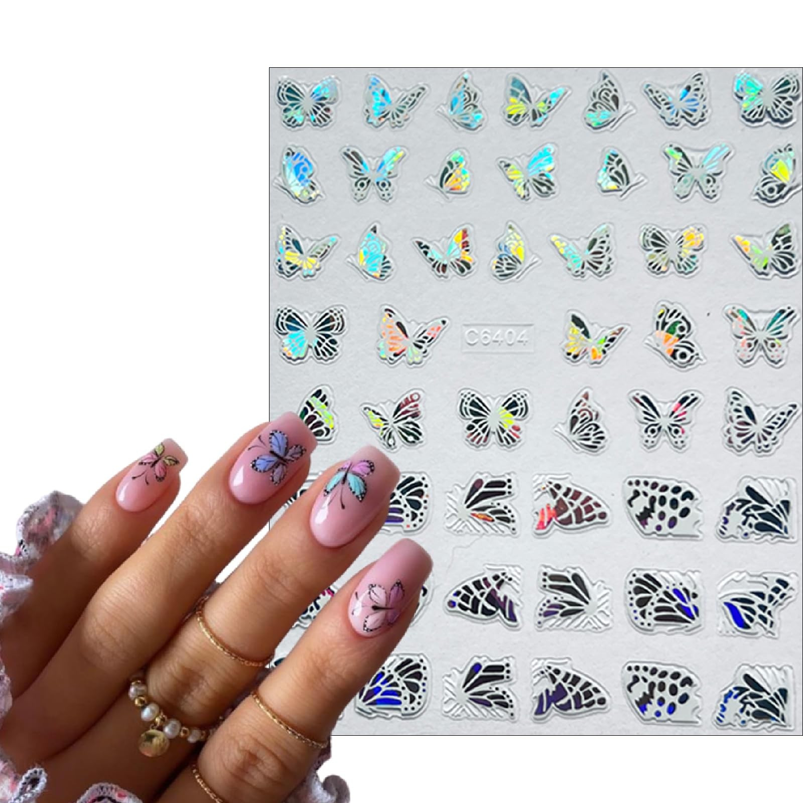 6 Sheets Shiny Aurora Butterfly Nail Art Sticker 3D -Adhesive Luxury White Fl…