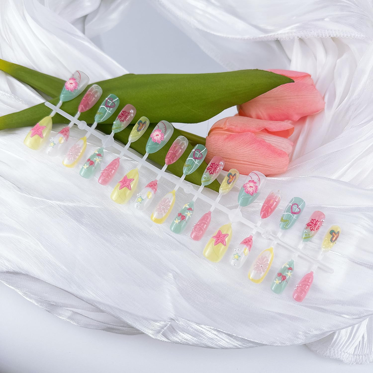 30Pcs Summer Press on Nails Medium Almond Fake Nails with 3D Starfish Designs, 3