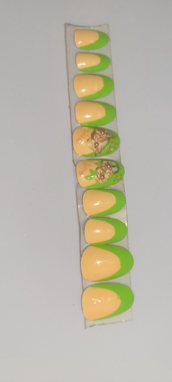 KFN Press On Nails ​Green French|Medium Oval|Hand Painted Floral Foil Art Kit 10