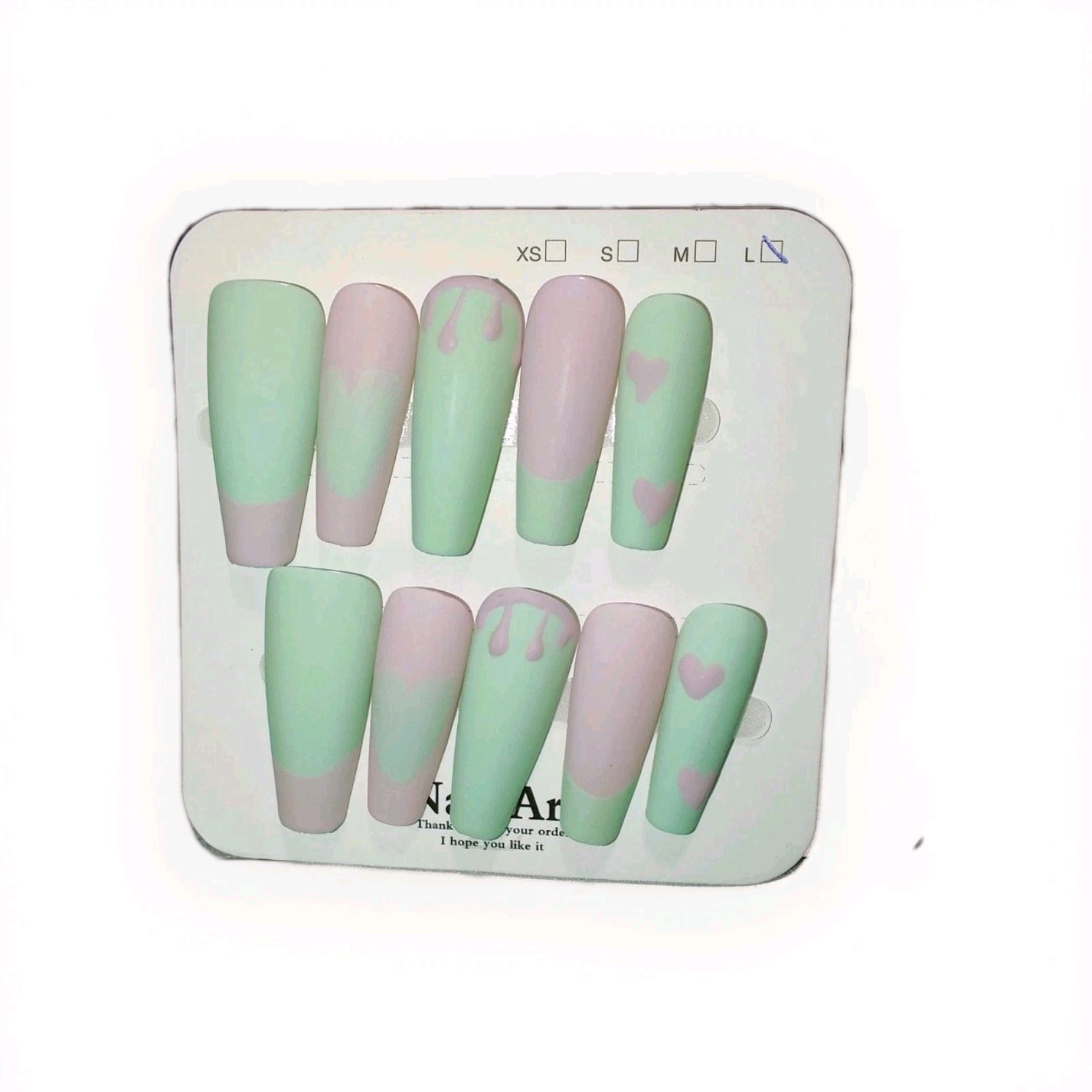 Mint Green Light Pink Matte Heart Drip Long Coffin Press-On Nails Full Cover