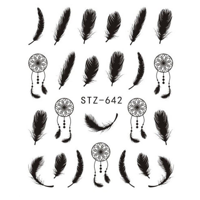 Nail Art Water Transfer Sticker Black White Colorful Feather Dream catcher Decal