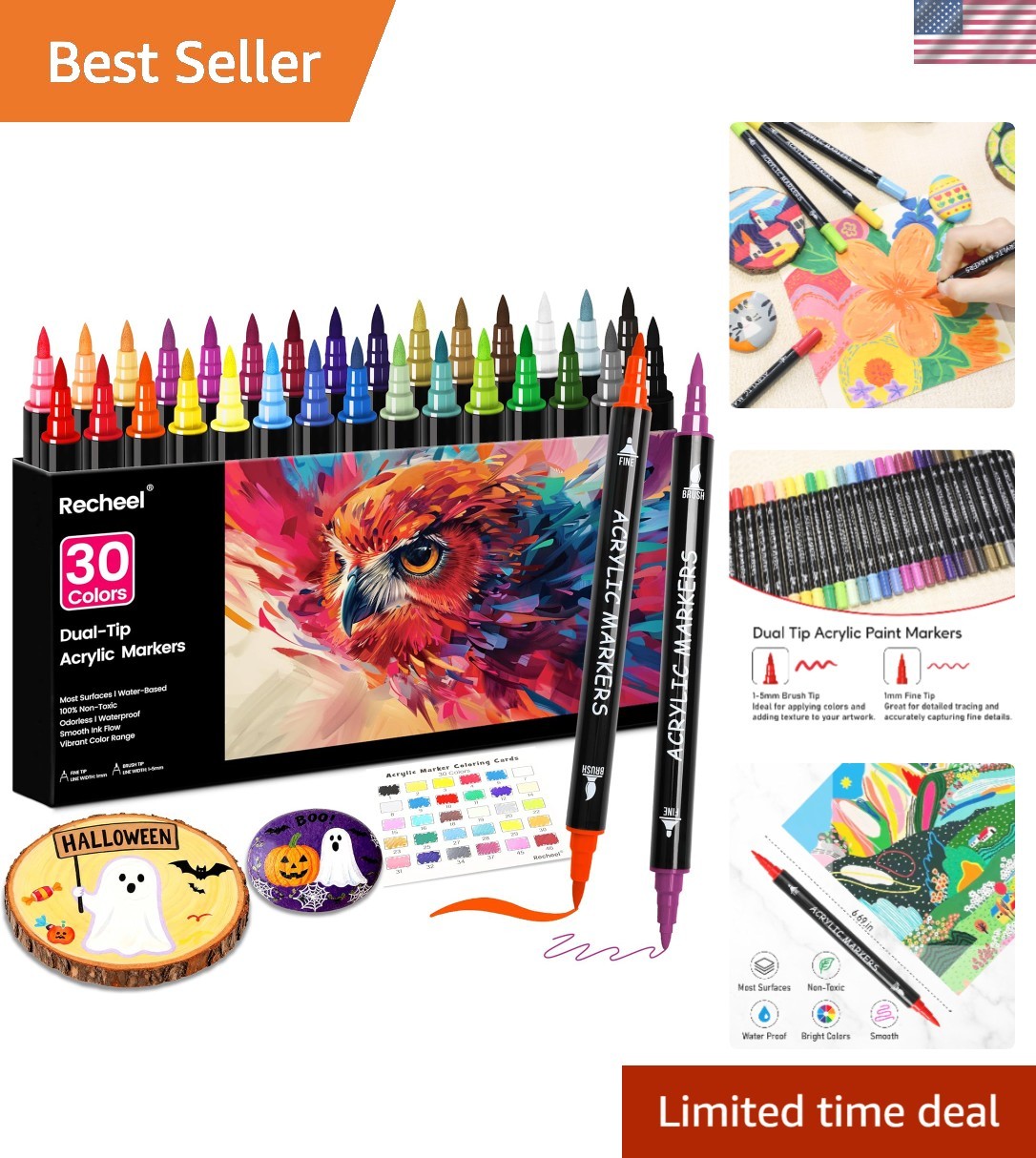 30 Colors Acrylic Paint Markers, Dual Tip Fine and Brush Tips for Detailed Art