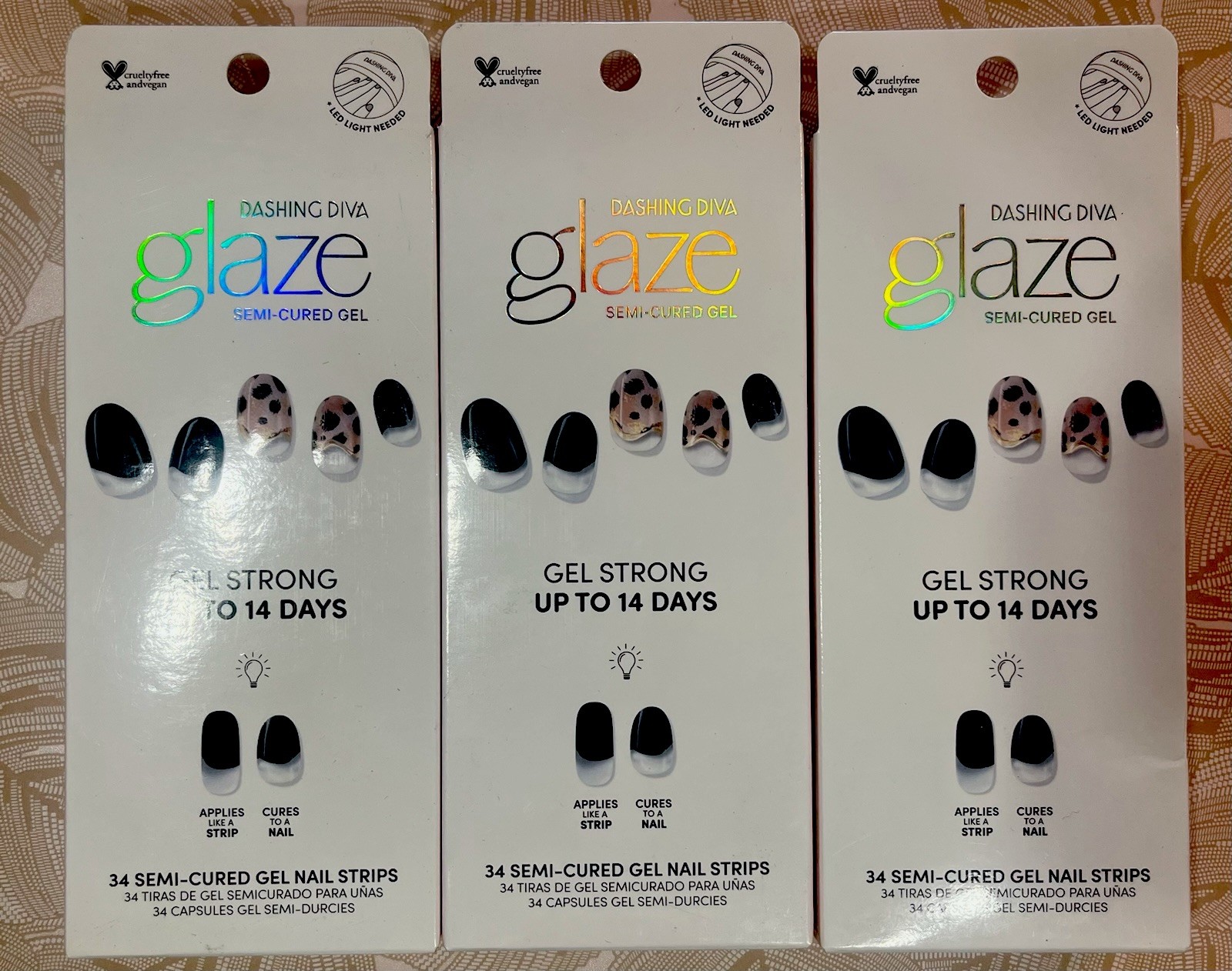 3 Pack Dashing Diva Glaze Semi-Cured Gel Nail Strips Lot of 3 32 Count in Each