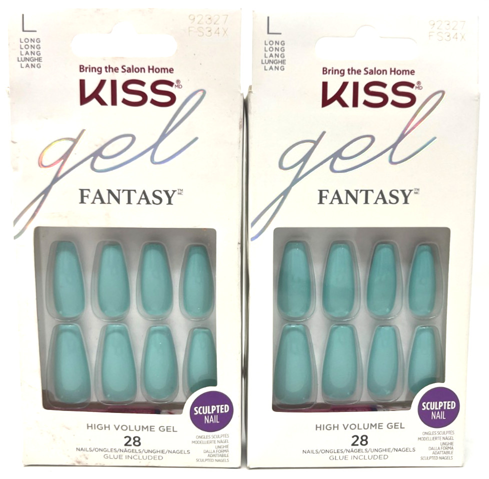 (2) Kiss Gel Fantasy Nails New In Packaging Long 92327 FS34X Aqua Blue