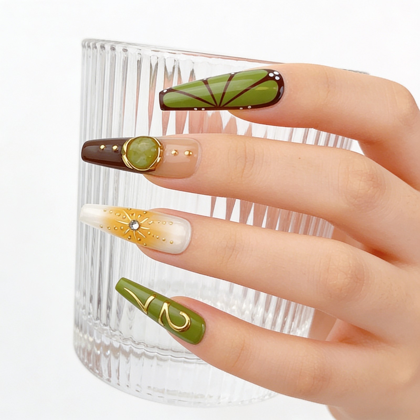 Long Coffin Tropical Jungle Press-On Nails with Gold & Amber Accents handmade