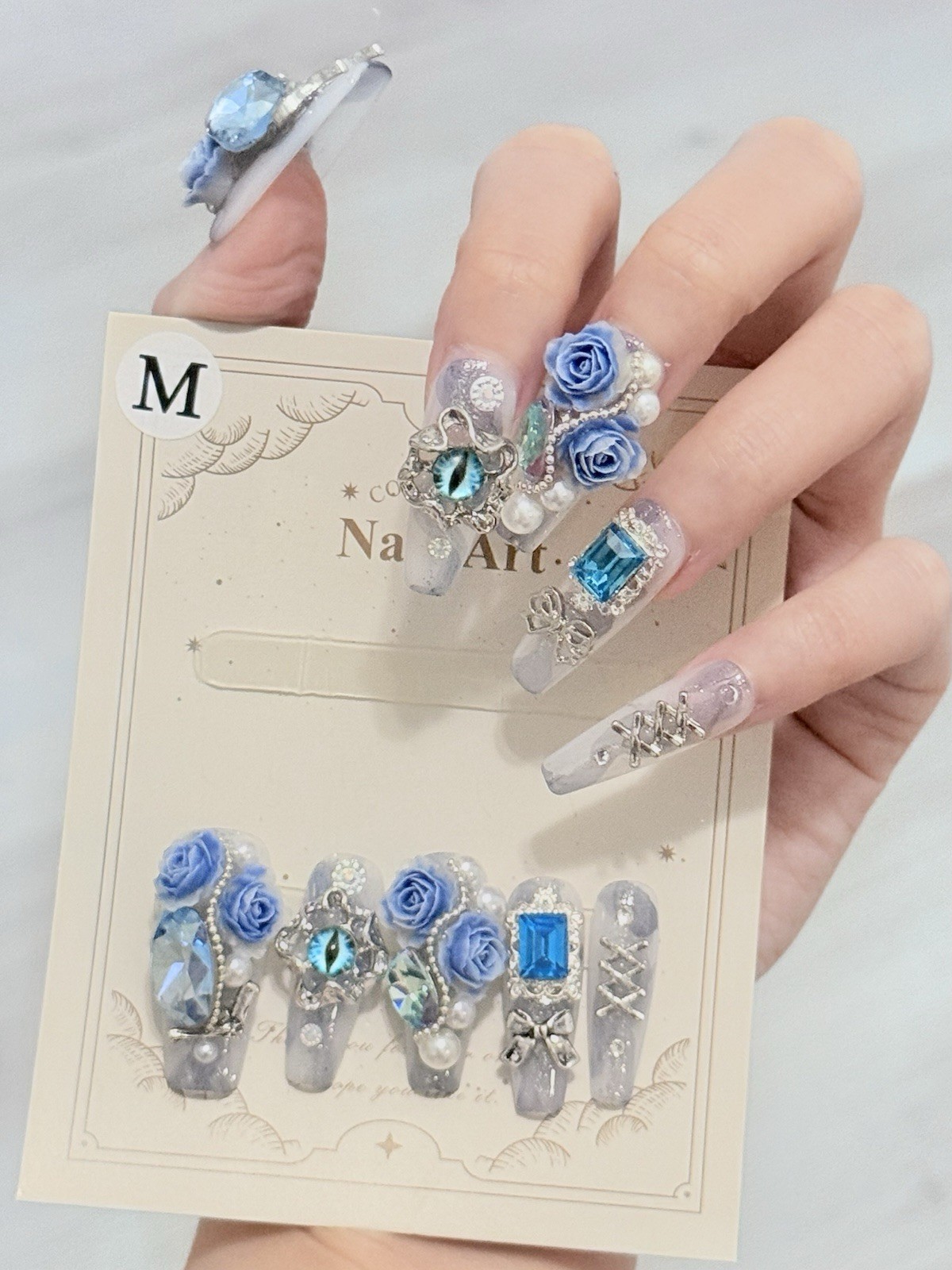 10pcs Handmade Blue Eyes Fake Nail Press/Glue On Nails Size M(Read Description