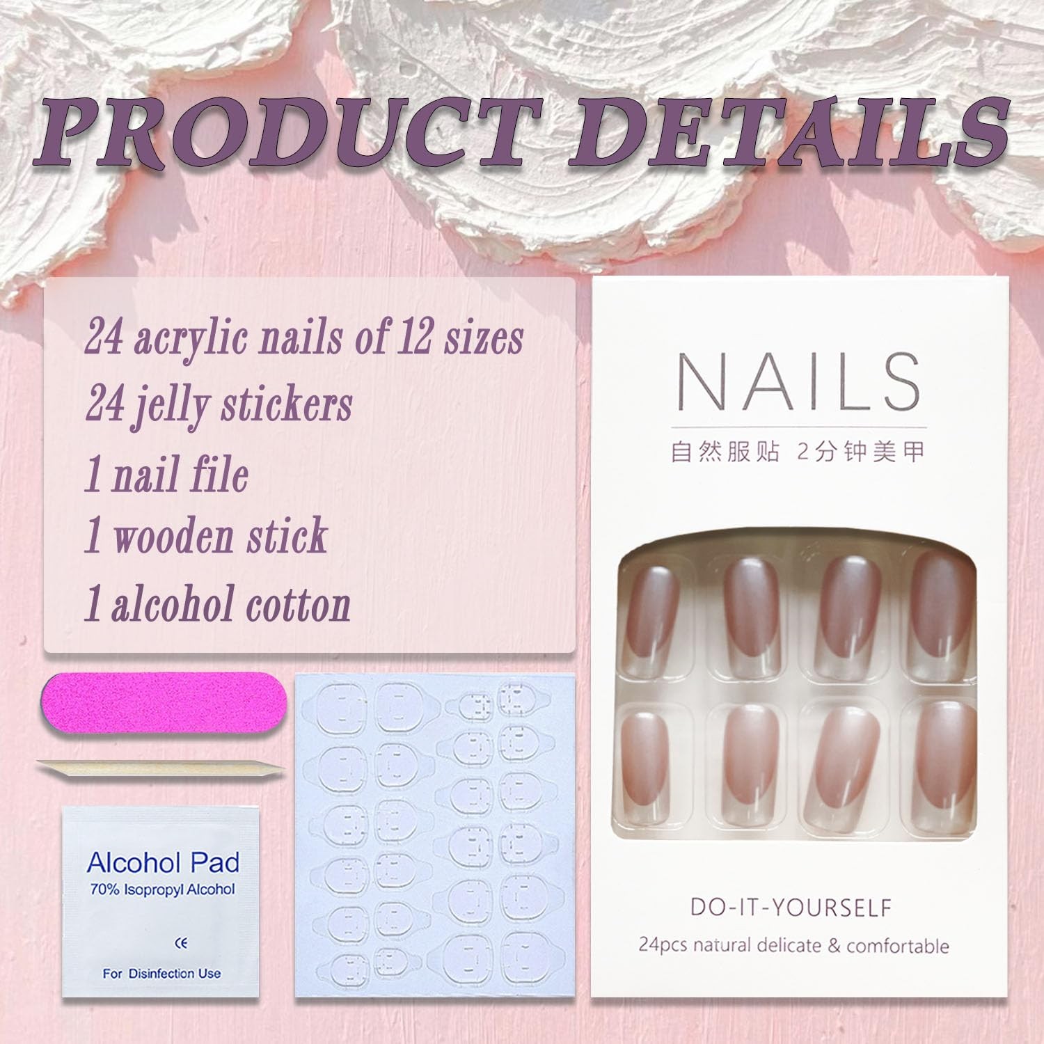 Medium Square French Tip White Flash Full Cover False Nails – 24Pcs with Glos…