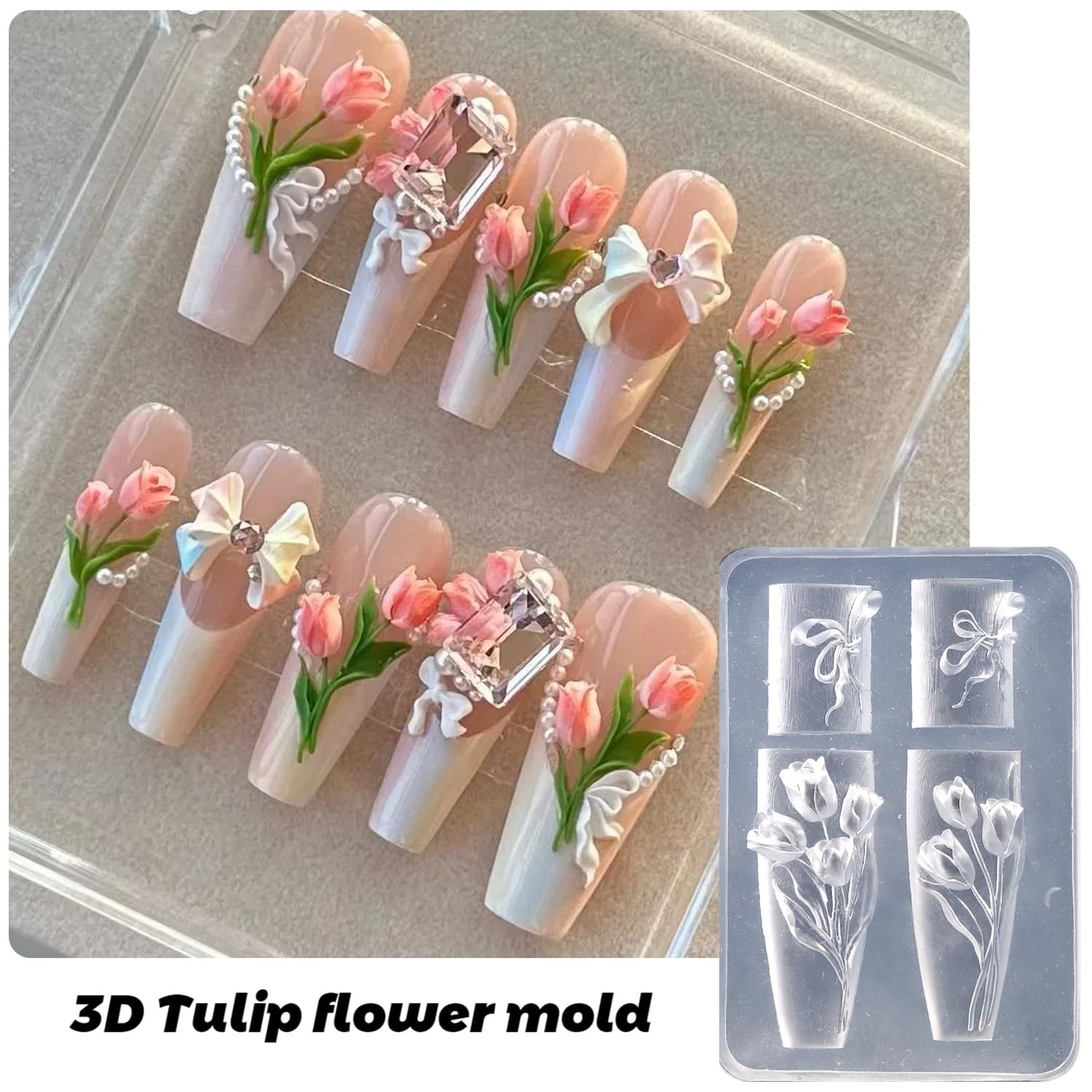 Silicone Nail Art Molds, 2PCS Reusable Clear 3D Flowers Nail Charm Molds with…