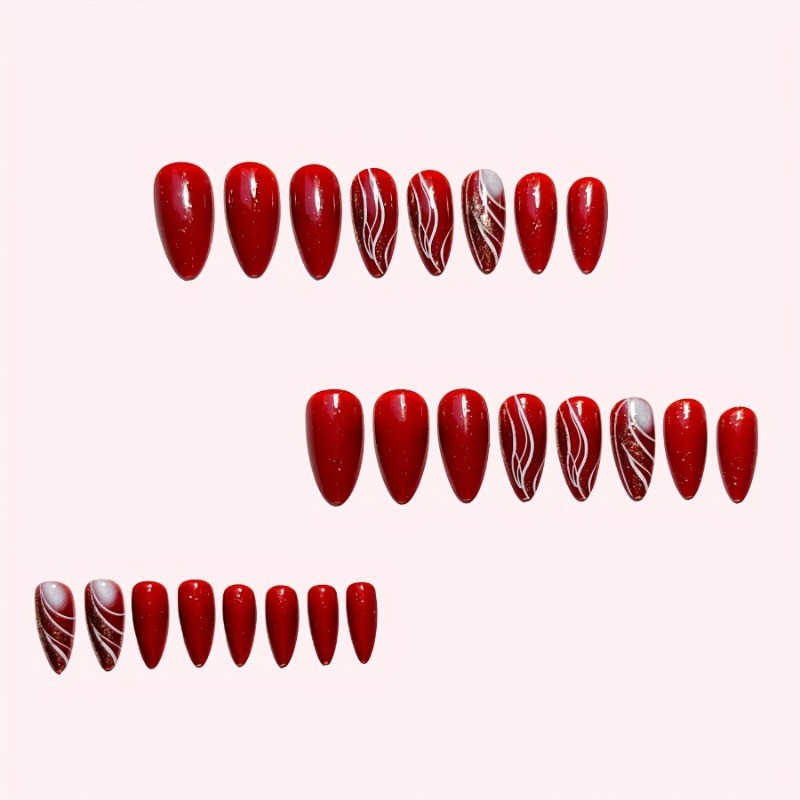 48PCS Oval Shaped Red and White Flashing Stripe Nail Press, Reusable Fake Nails