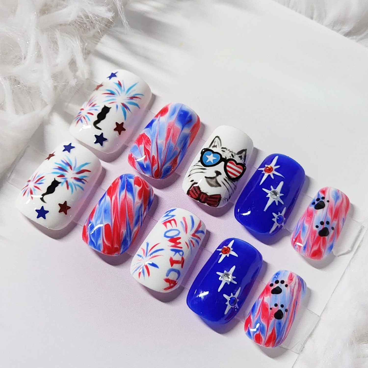 Mkwntg 4th of July Cat Star Fireworks Nails
