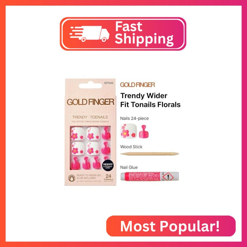 GoldFinger Trendy Press On Fake Toenail Kit Wider Fit, Cute Flower Print & High