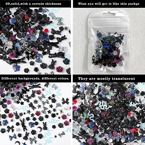 110 Pieces 3D Nail Charms for Acrylic Nails, Camellia Rose Flower Black