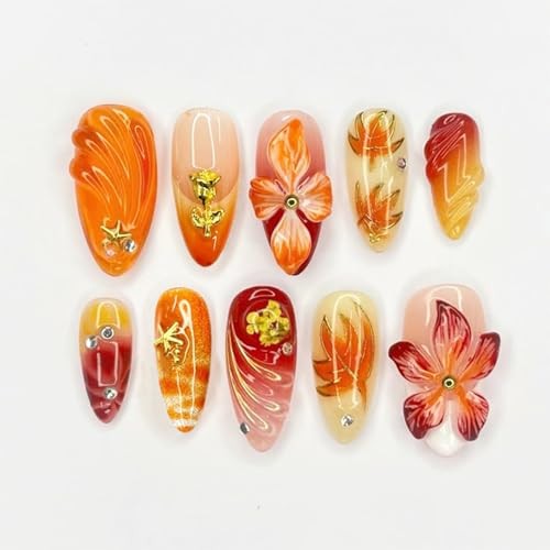 30Pcs Fall Press on Nails Medium Almond White French Tip Fall Flower Nails-14