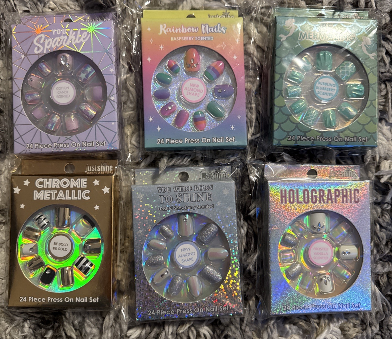 (6x) Justice 24pc Press On Nail Set Lot Rainbow Sparkle Metallic Girls New NIB