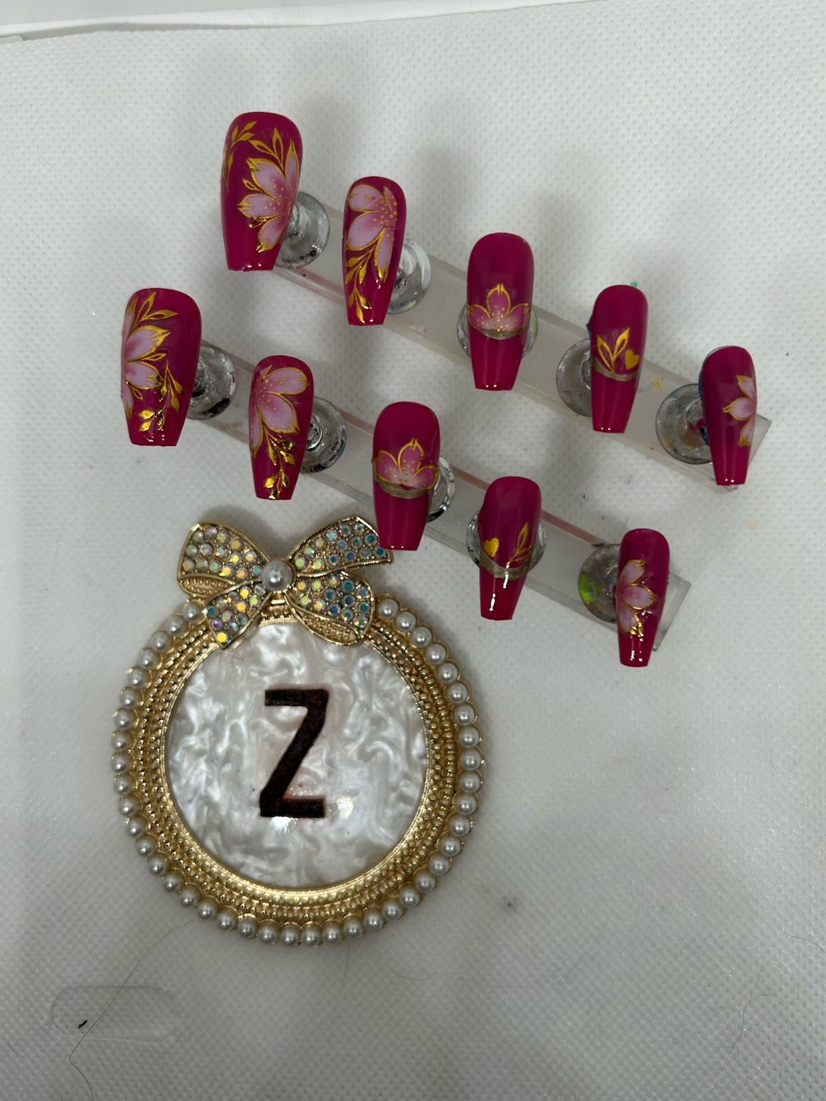 Z NAILZ! Handmade M Coffin Dk Pink With Lt Pink Flower Stickers Press On Nails