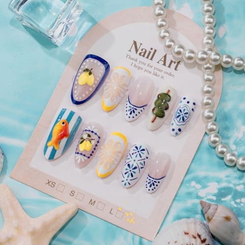 24Pcs Cute Summer Press on Nails Medium Almond Fake Nails 3D Goldfish Lemon-35