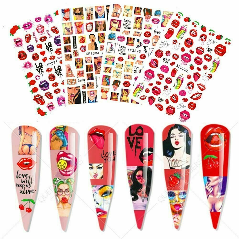 12 SHEETS Nail Art 3D Decal Stickers Sexy POP Lips Tongue Lollipop Rainbow NH10