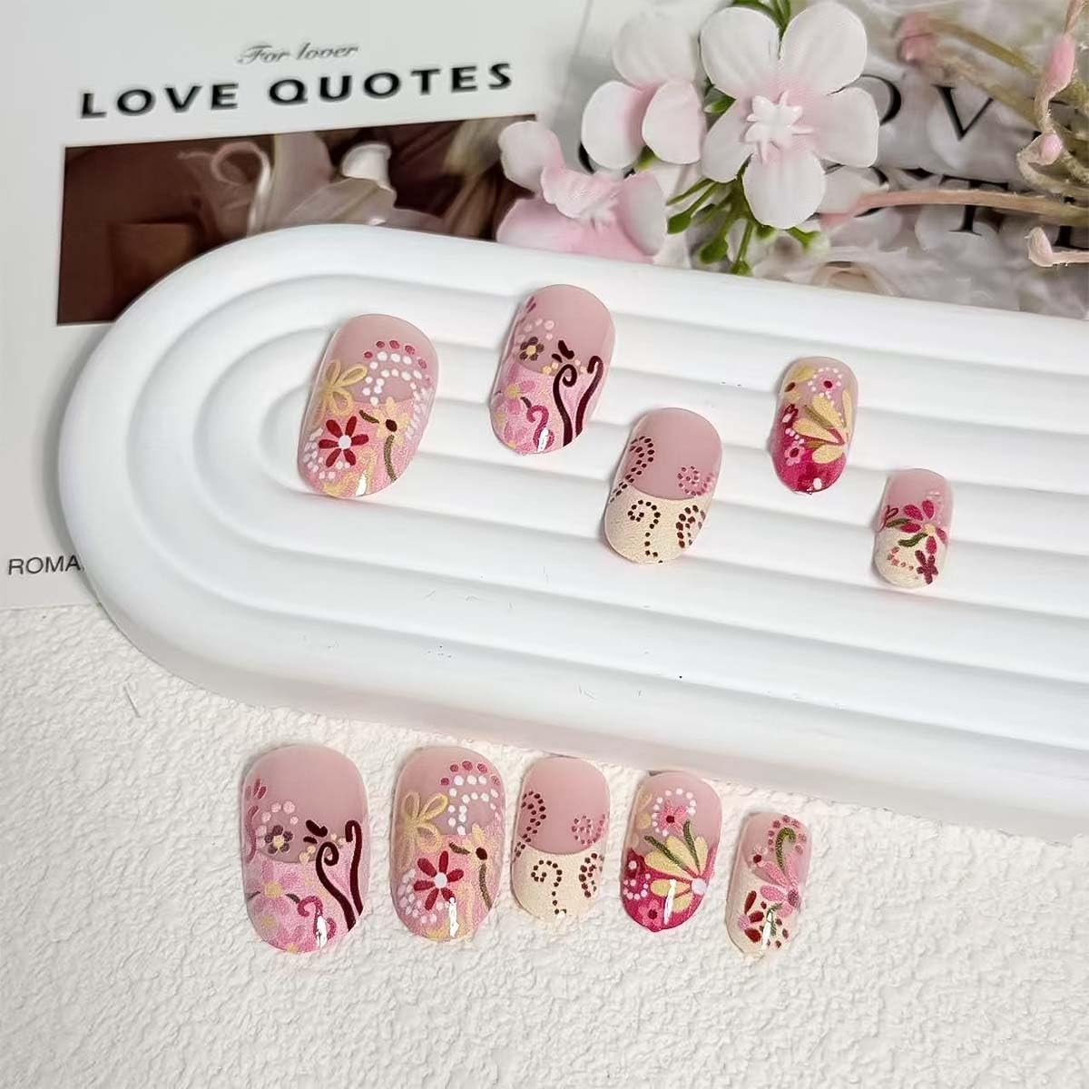 24Pcs French Tip Press on Nails Medium Almond Floral Fake Nails Colorful Flow…