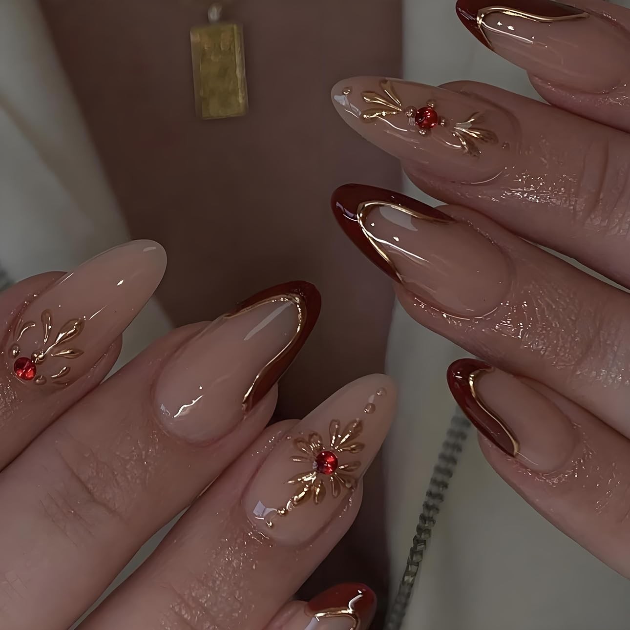LPOODDNU Almond Red French Tip Press on Nails – Medium, red french tip star