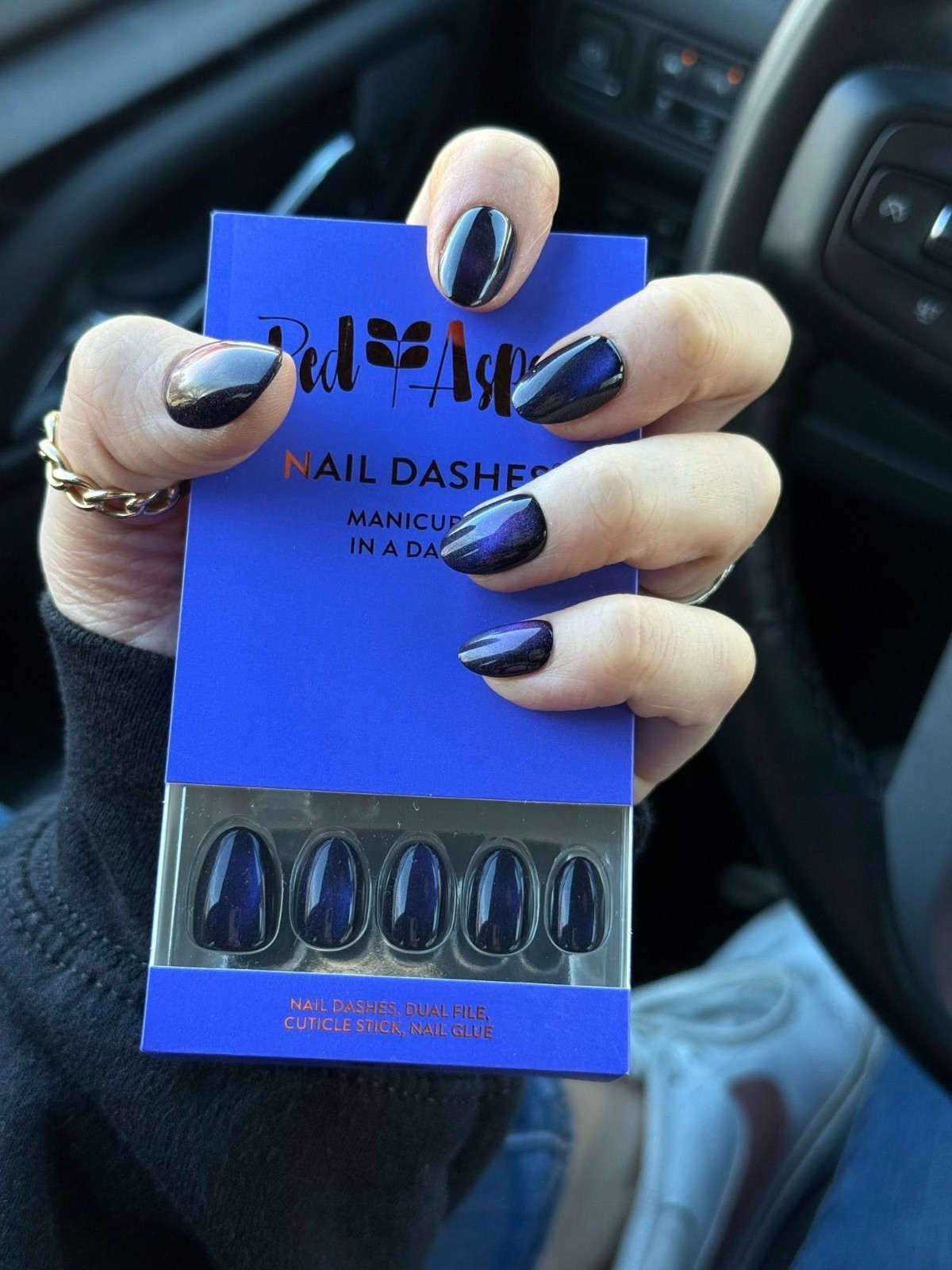 Red Aspen Press On Nails – Marley’s Midnight Muse | Short Almond | Blue Cat Eye