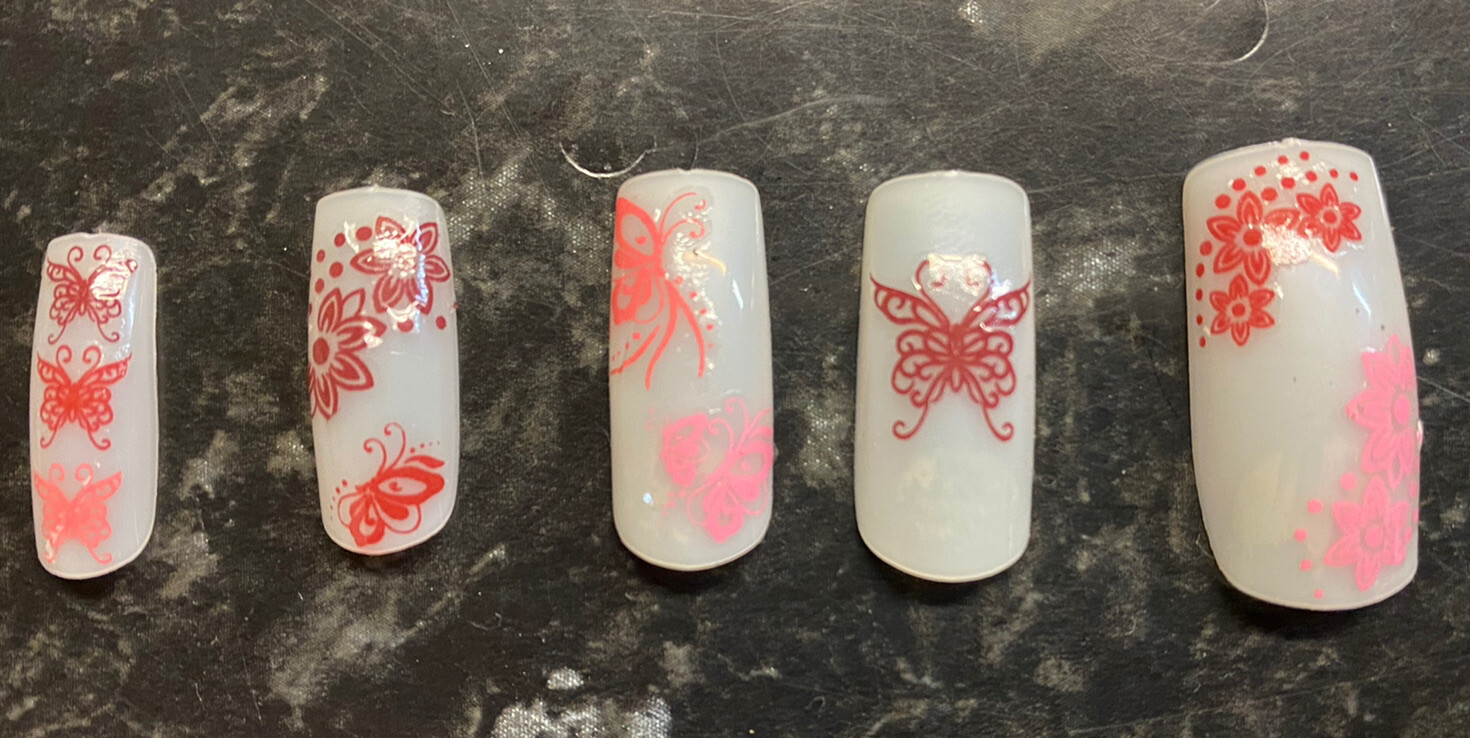 12 Sketch Henna Mehndi Arty Red Pink Butterfly Flower Nail Transfers Uk Seller