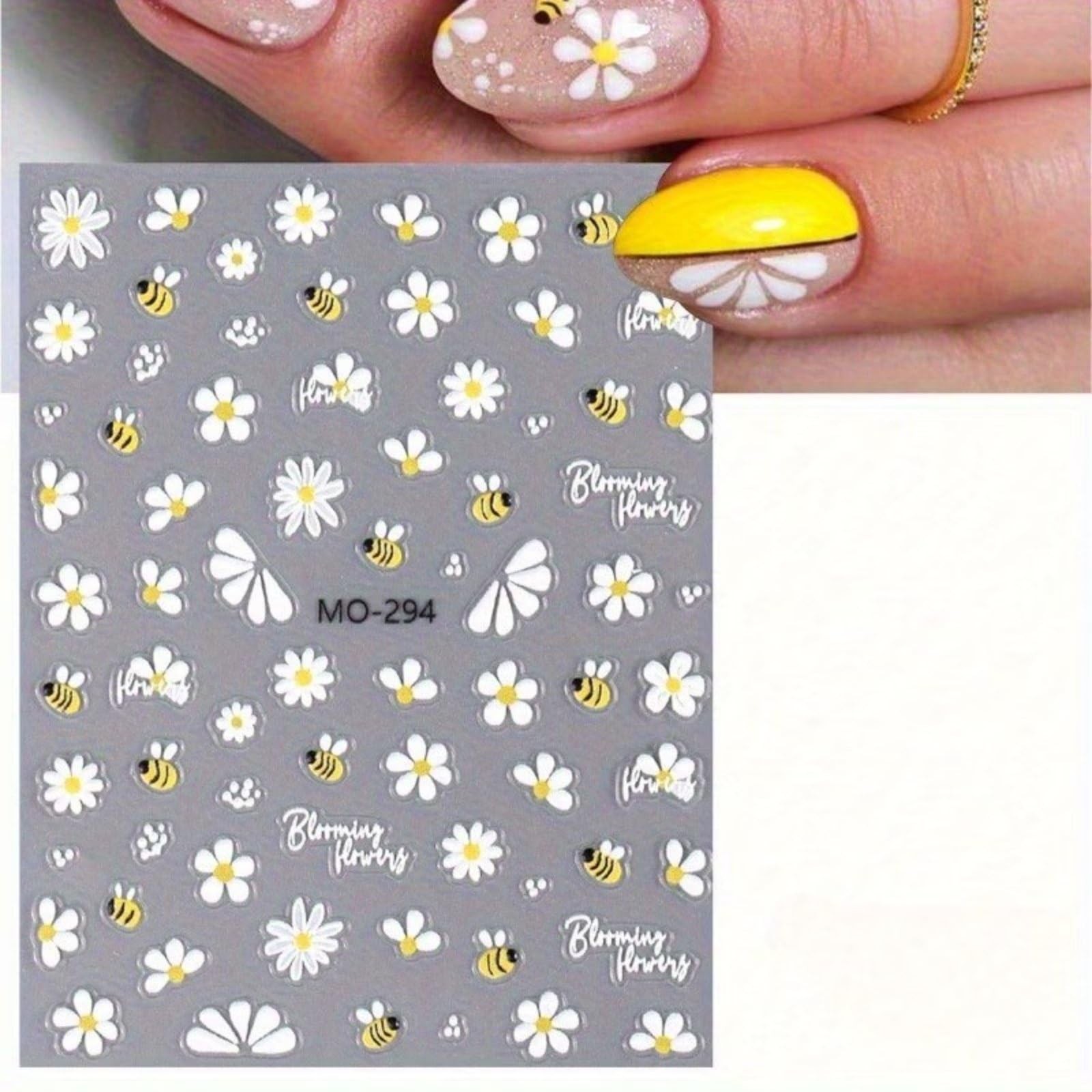 2 Sheets Spring Nail Art Stickers Decals Bee Flower Nail Decals 5D Embossed I…
