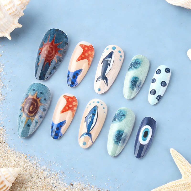 48pcs-Summer Ocean Press on Nails, Medium Stiletto Shark & Starfish Fake Nails