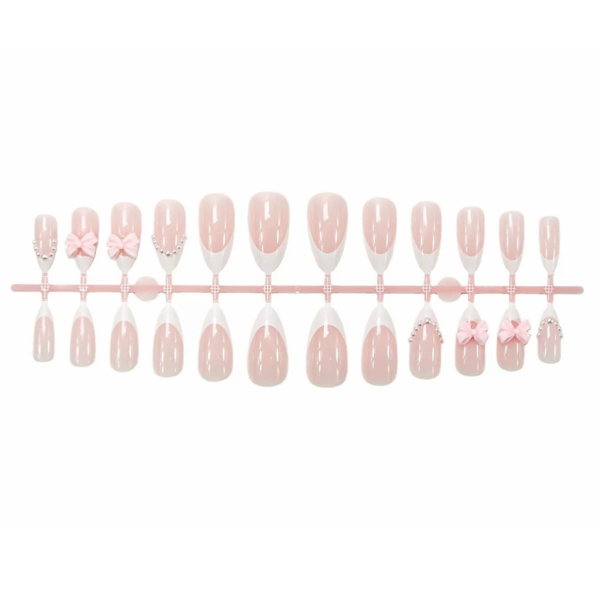 Short Almond Press on Nail with Pink Bow Charm White French Tip Press on Nail…
