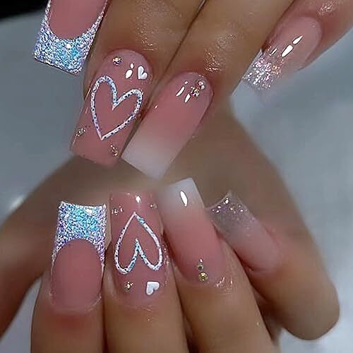 Blue Heart Press on Nails Medium Square Fake Nails Glossy Glitter French Tip