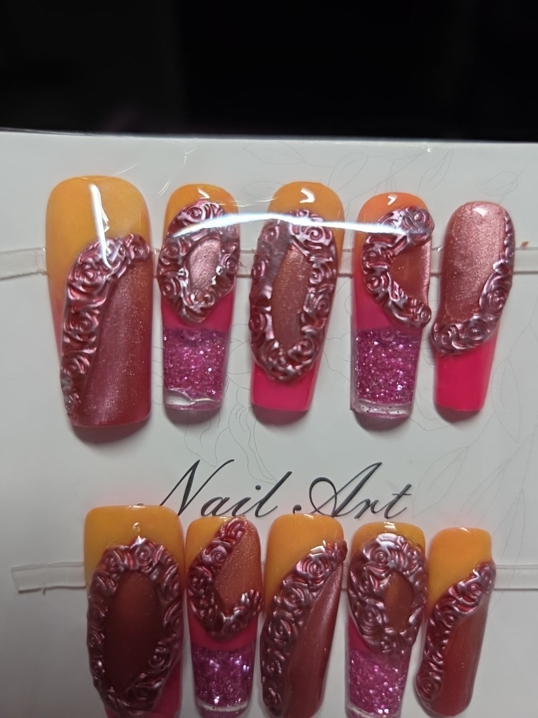 Press On Nails Handmade Medium Pink and orange bangle themed water nails