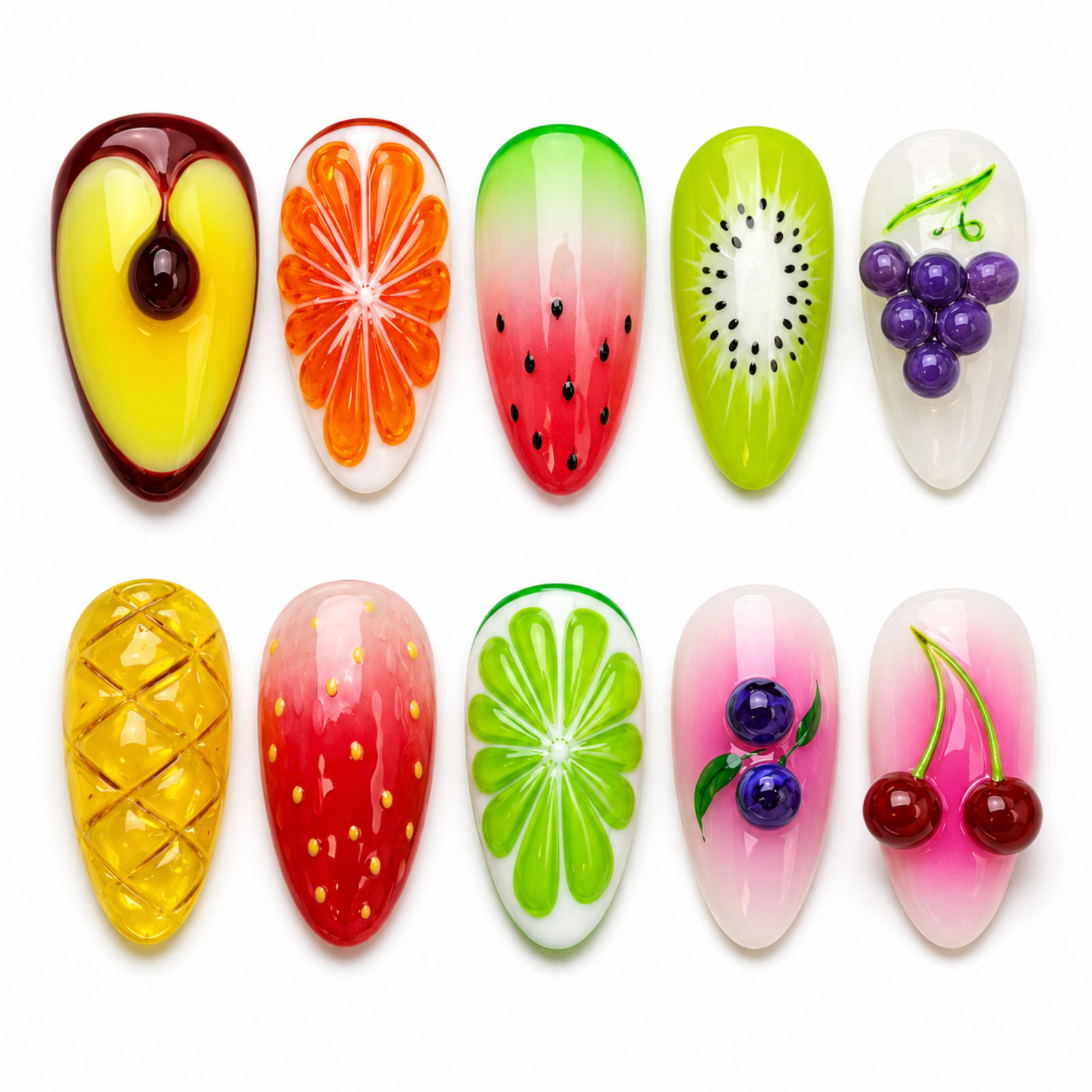Handmade 3D Fruit Press On Nails Glossy Summer Nail Art Set