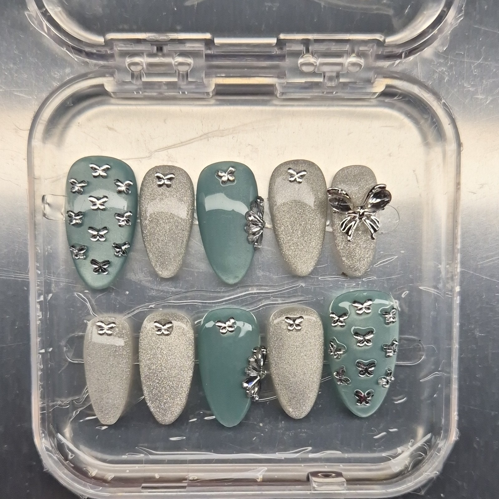 Silver Teal Butterfly 3D Almond Press-On Nails Set Pre-Designed Full Cover
