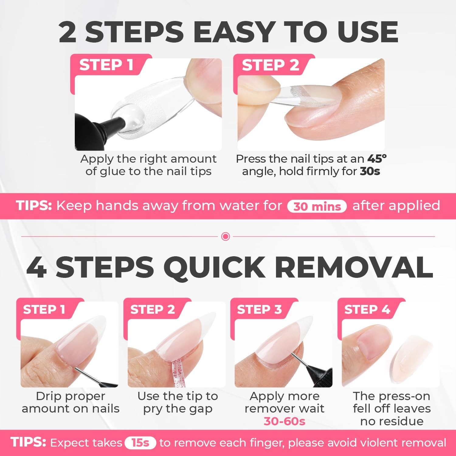 15g Nail Glue for Press On Nails + 20ml Non-Acetone Remover Kit, Quick Dry Gel