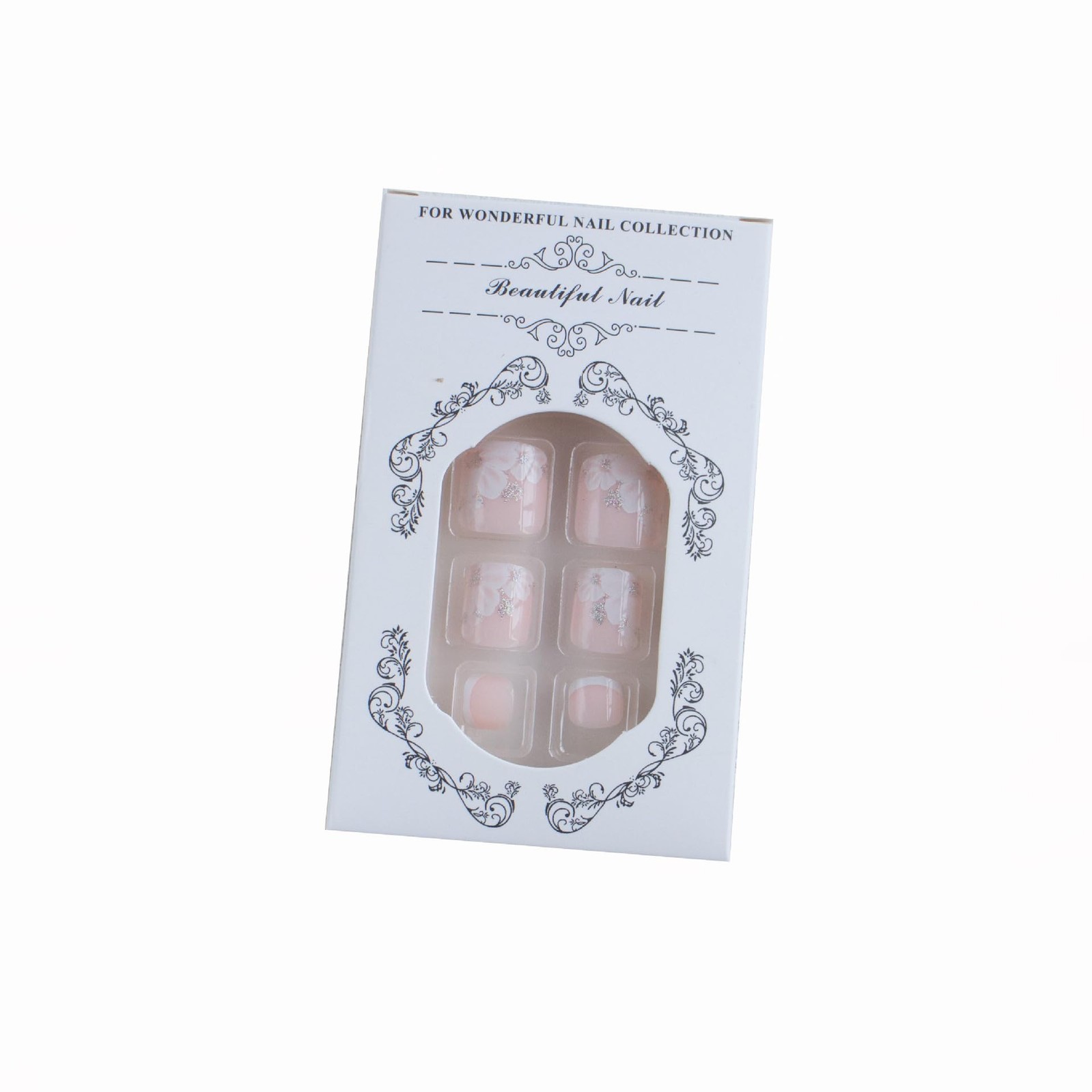 Pink Press on Toe Nails French Tip Fake Toe nails with White Flower Designs Fals