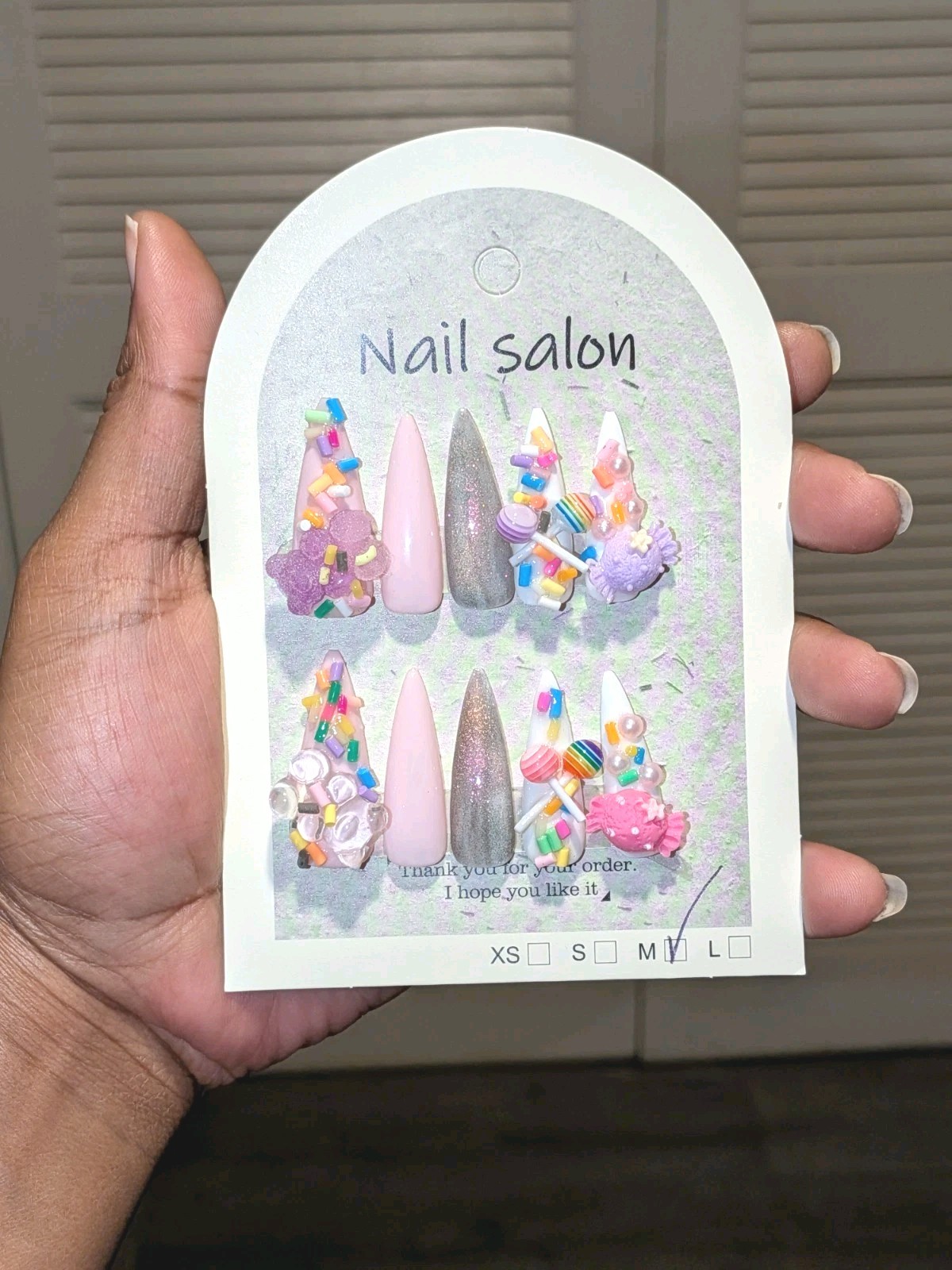 Hand Crafted Pink, White & Purple Stiletto Press-On Nails with Candy 3D Charms