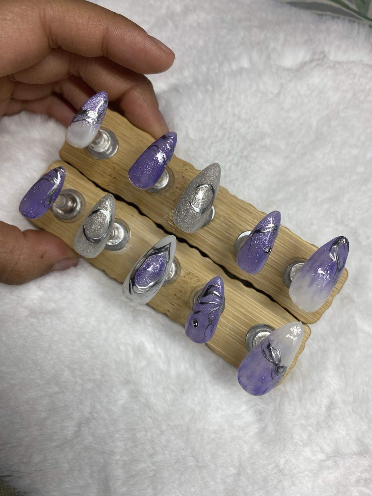 Handmade Long Almond Press-On Nails Purple Silver White Glitter Abstract Set
