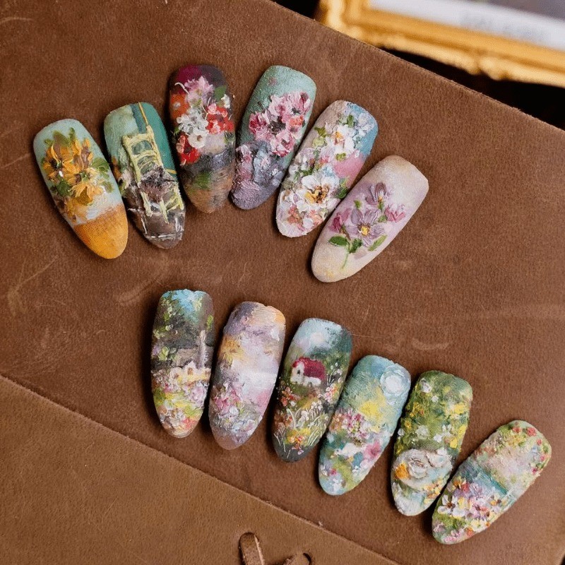 48 Pcs of Oil Painting Style Countryside Flower Fake Nails, Removable Nail Art